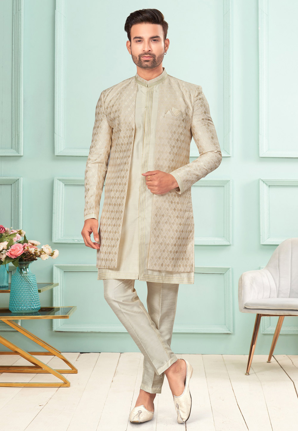 Cream Jacquard Indo Western Suit 283918