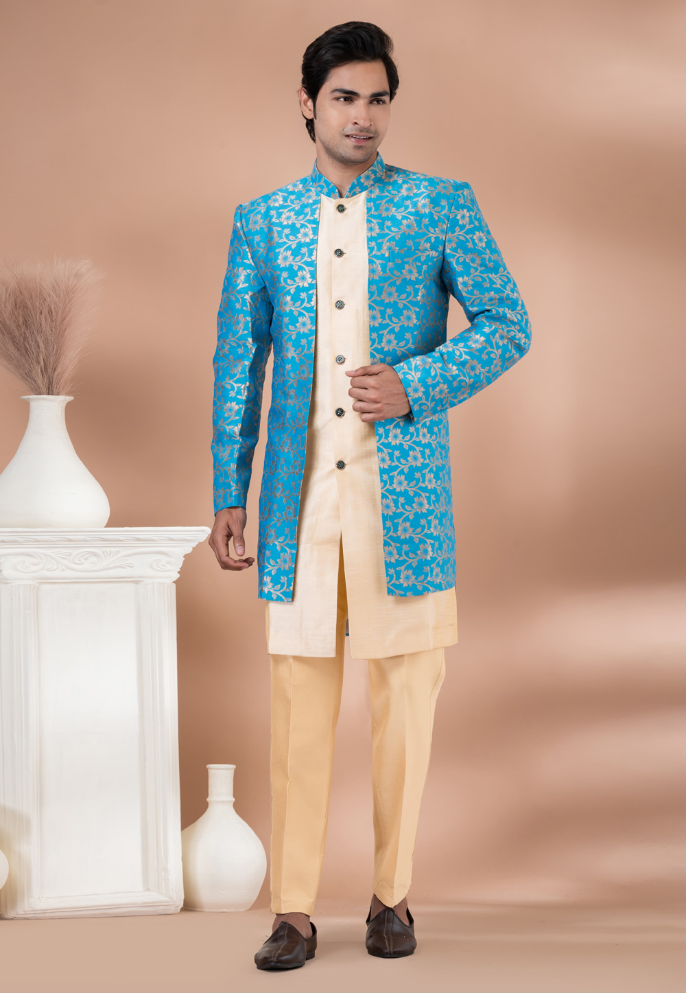 Cream Jacquard Indo Western Suit 283131