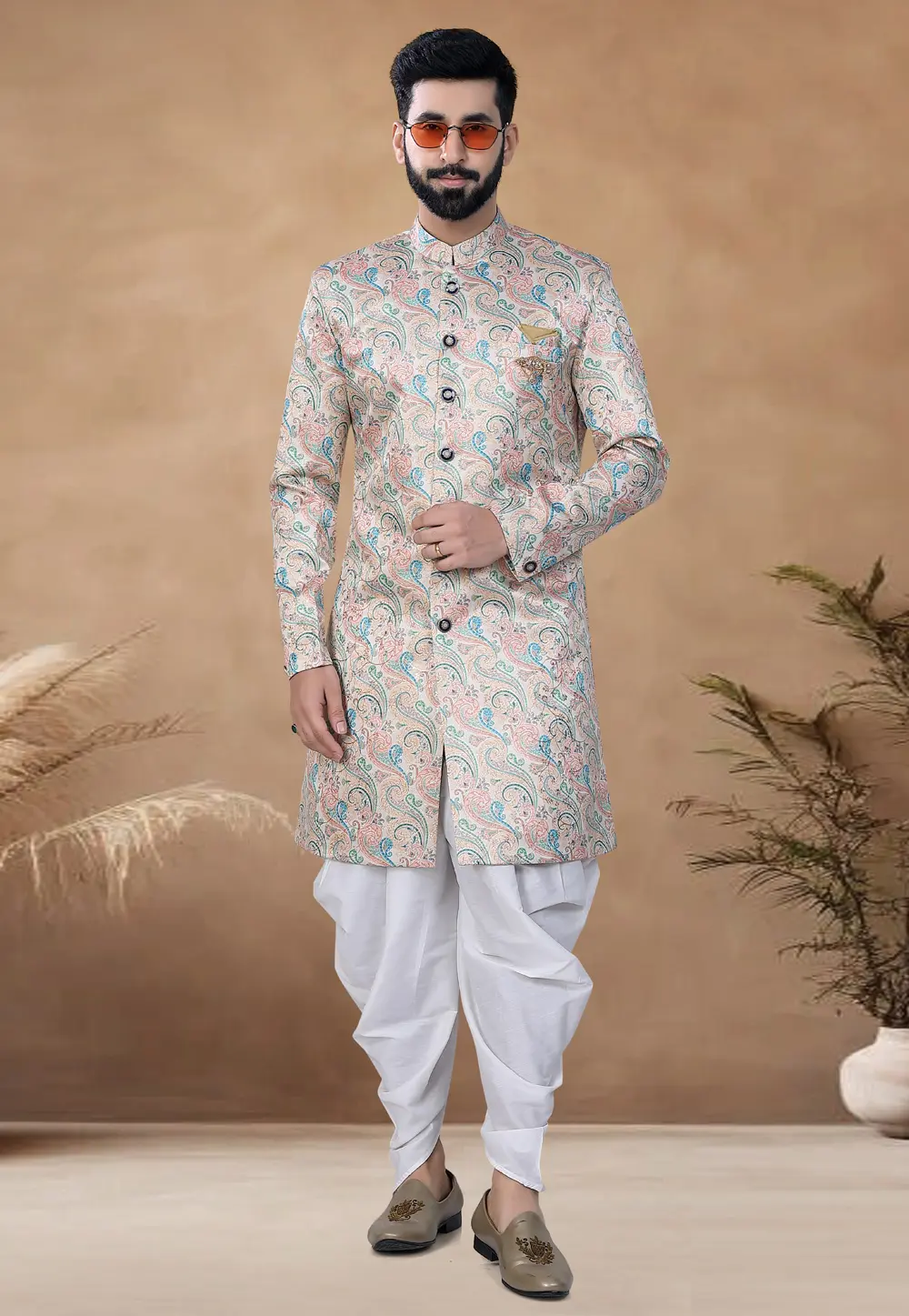 Cream Jacquard Indo Western Suit 298565