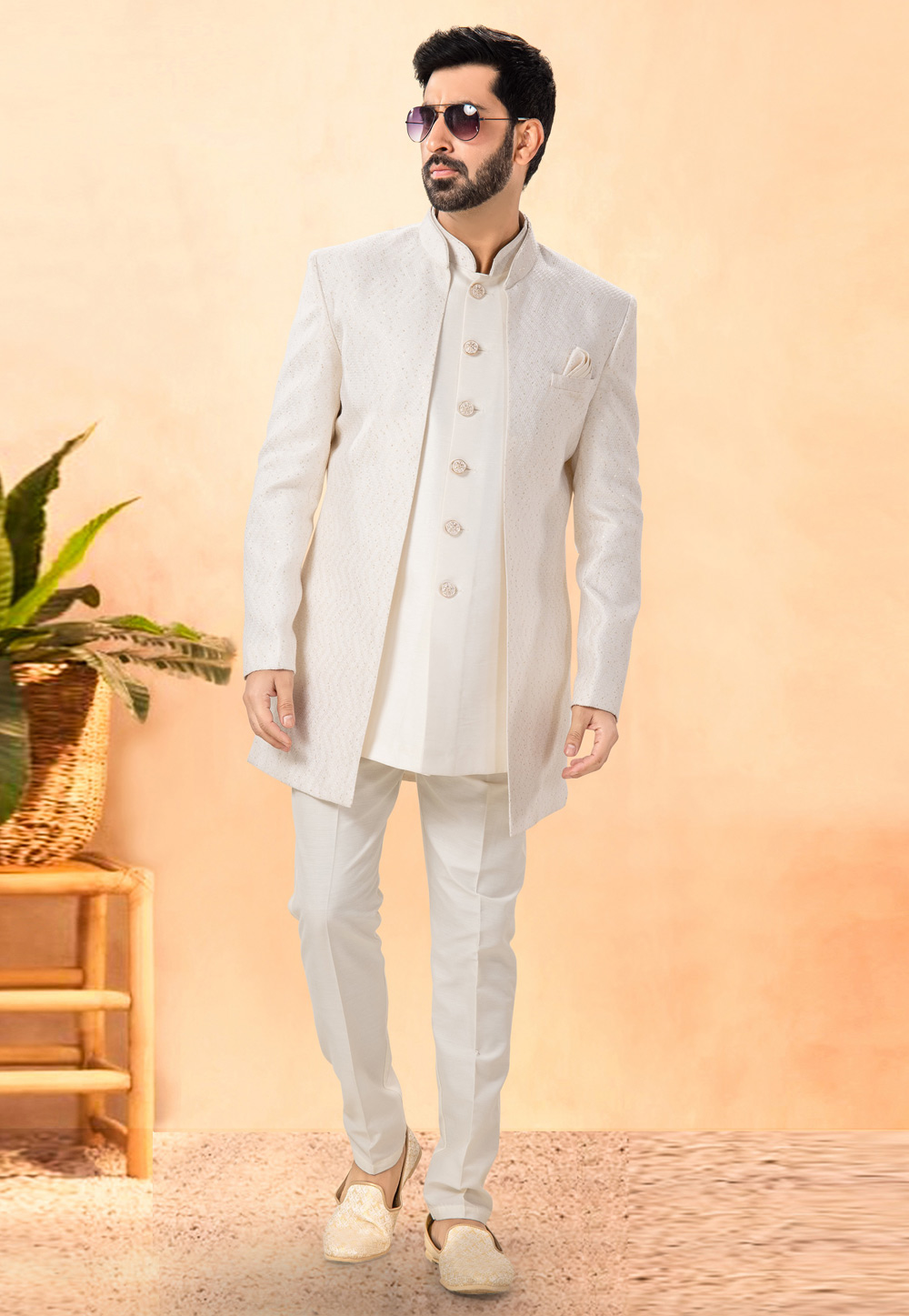 Cream Jacquard Indo Western Suit 306118