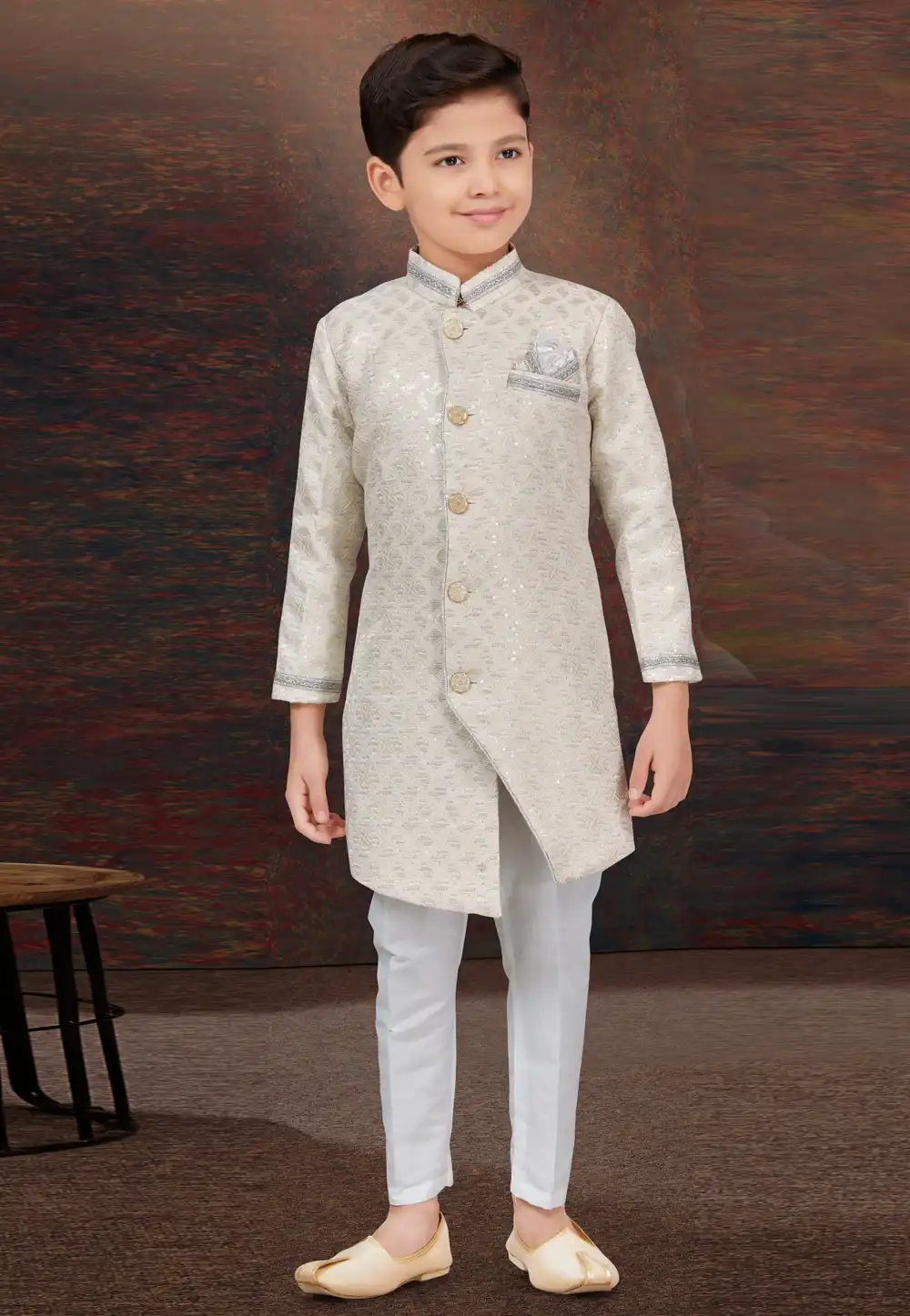 Cream Jacquard Kids Indo Western Sherwani 294928