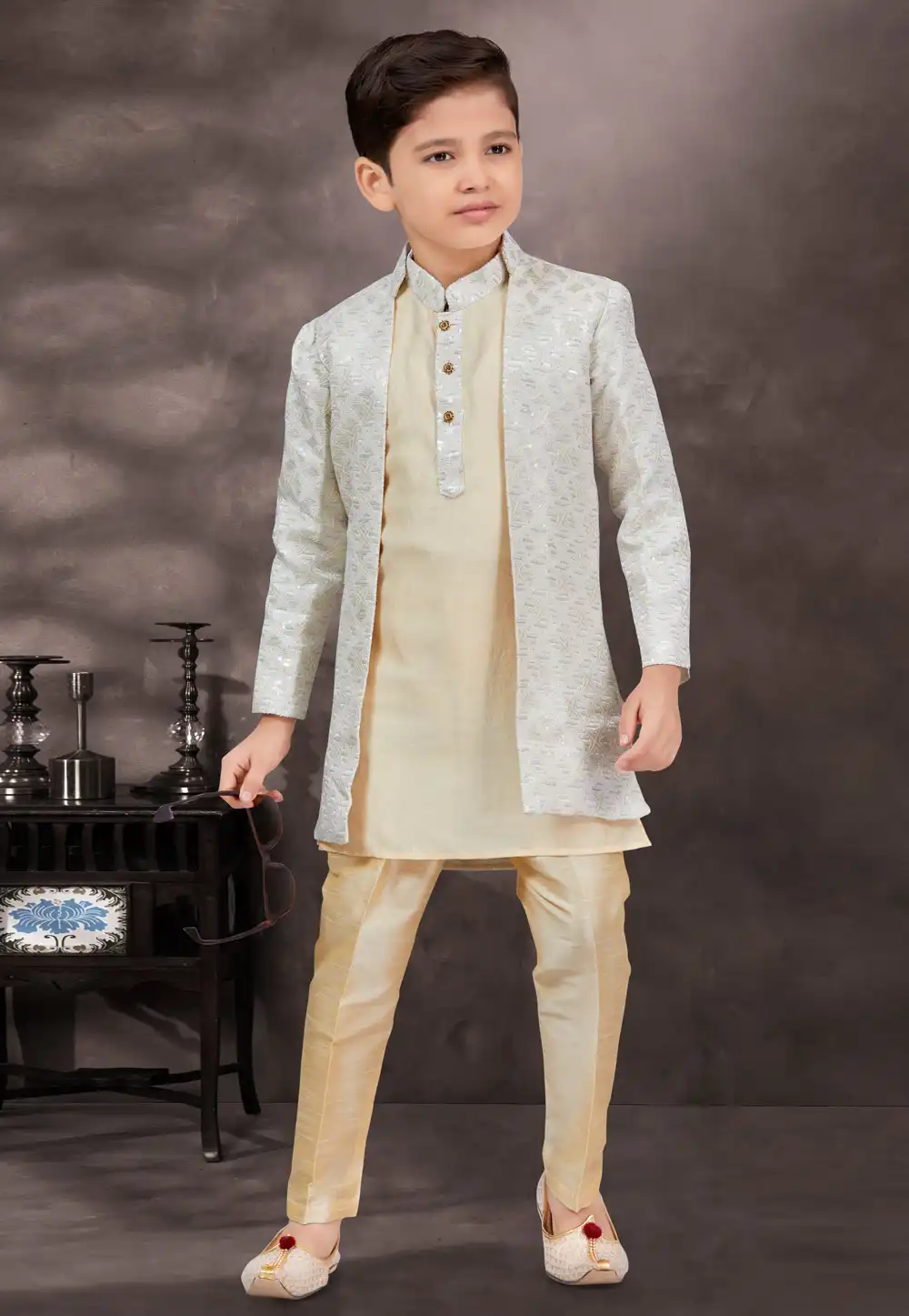 Cream Jacquard Kids Indo Western Suit 293006