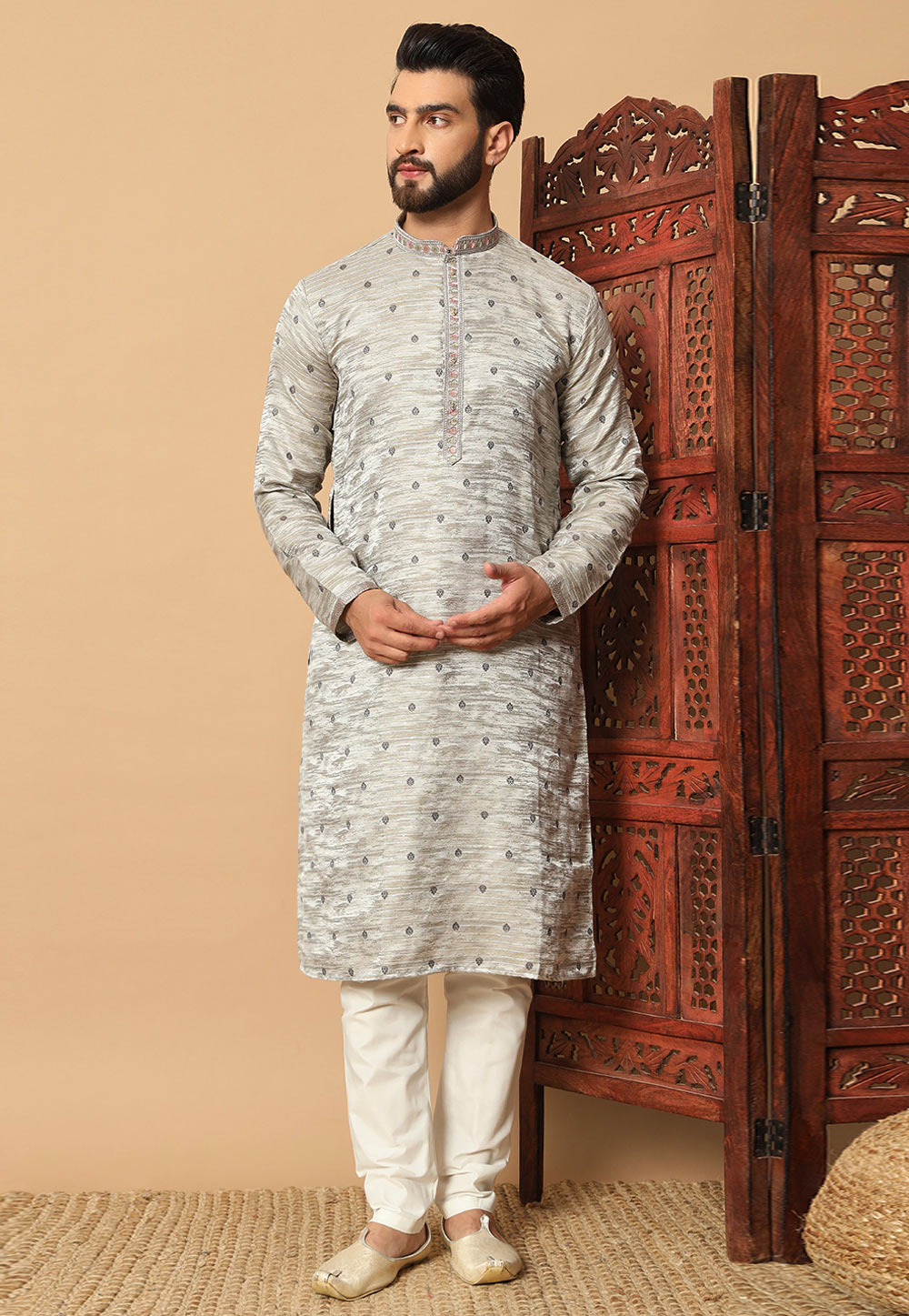 Cream Jacquard Kurta Pajama 304910