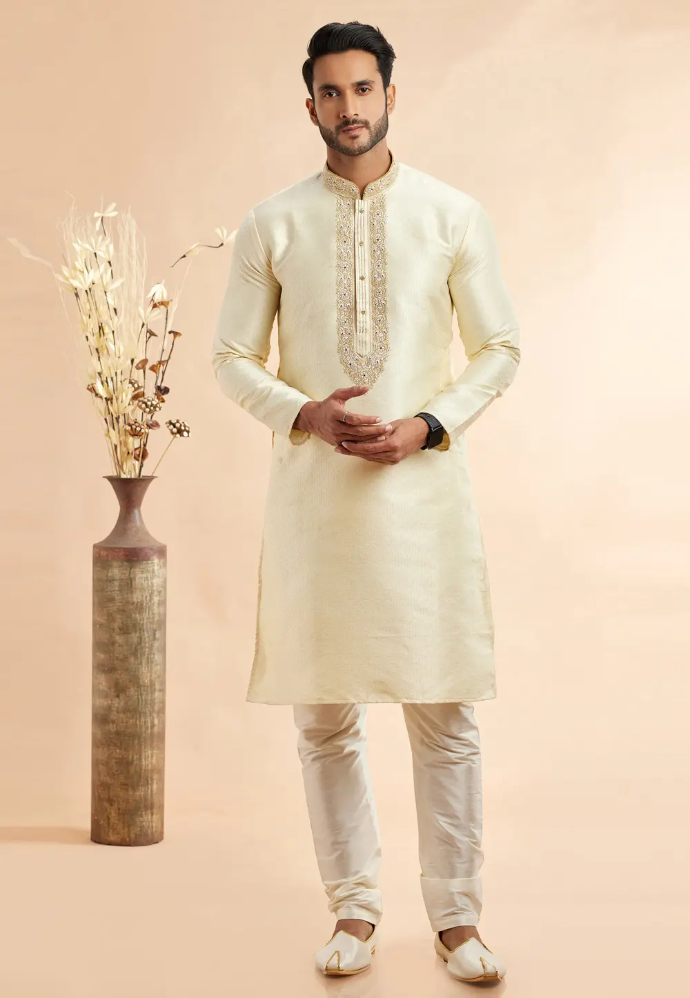 Cream Jacquard Kurta Pajama 297502