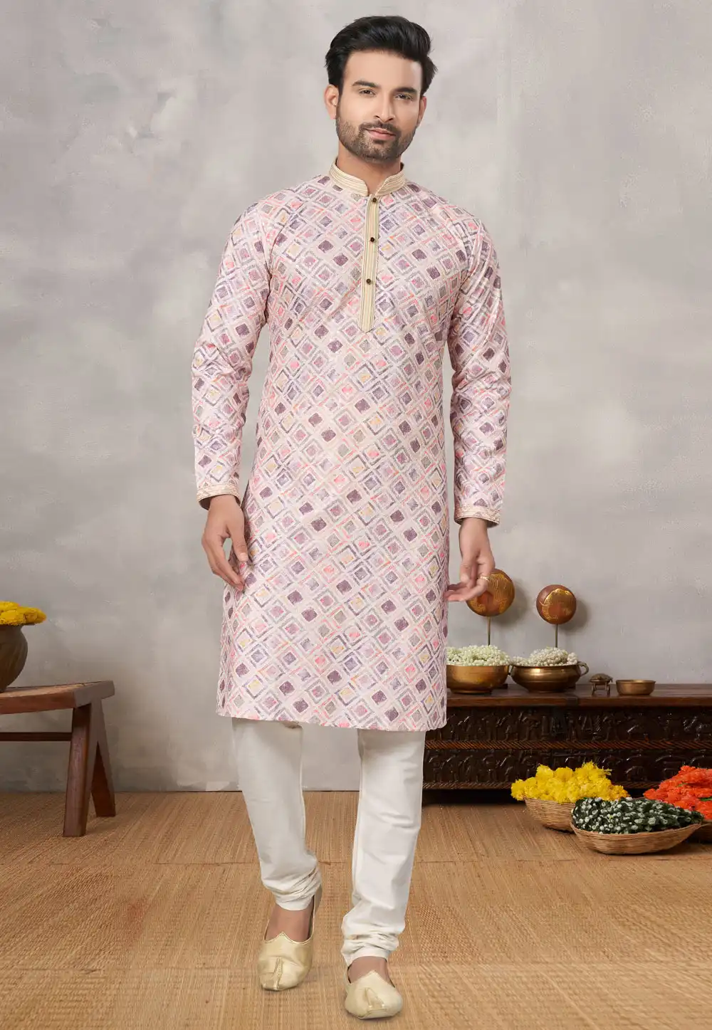 Cream Jacquard Kurta Pajama 293902