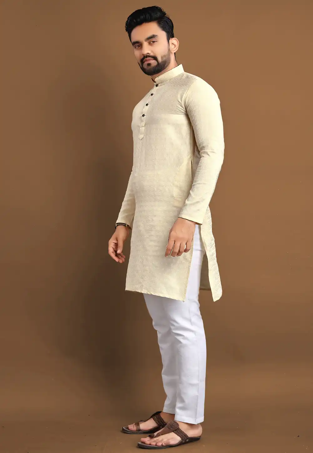 Cream Jacquard Kurta Pajama 293819