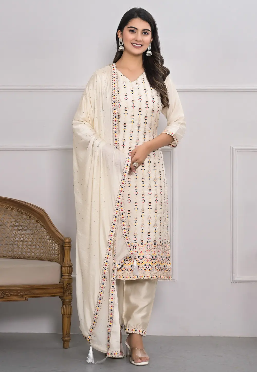 Cream Jacquard Readymade Pant Style Suit 298379