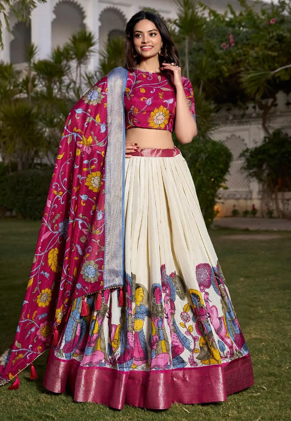 Cream Jacquard Silk Circular Lehenga Choli 300860