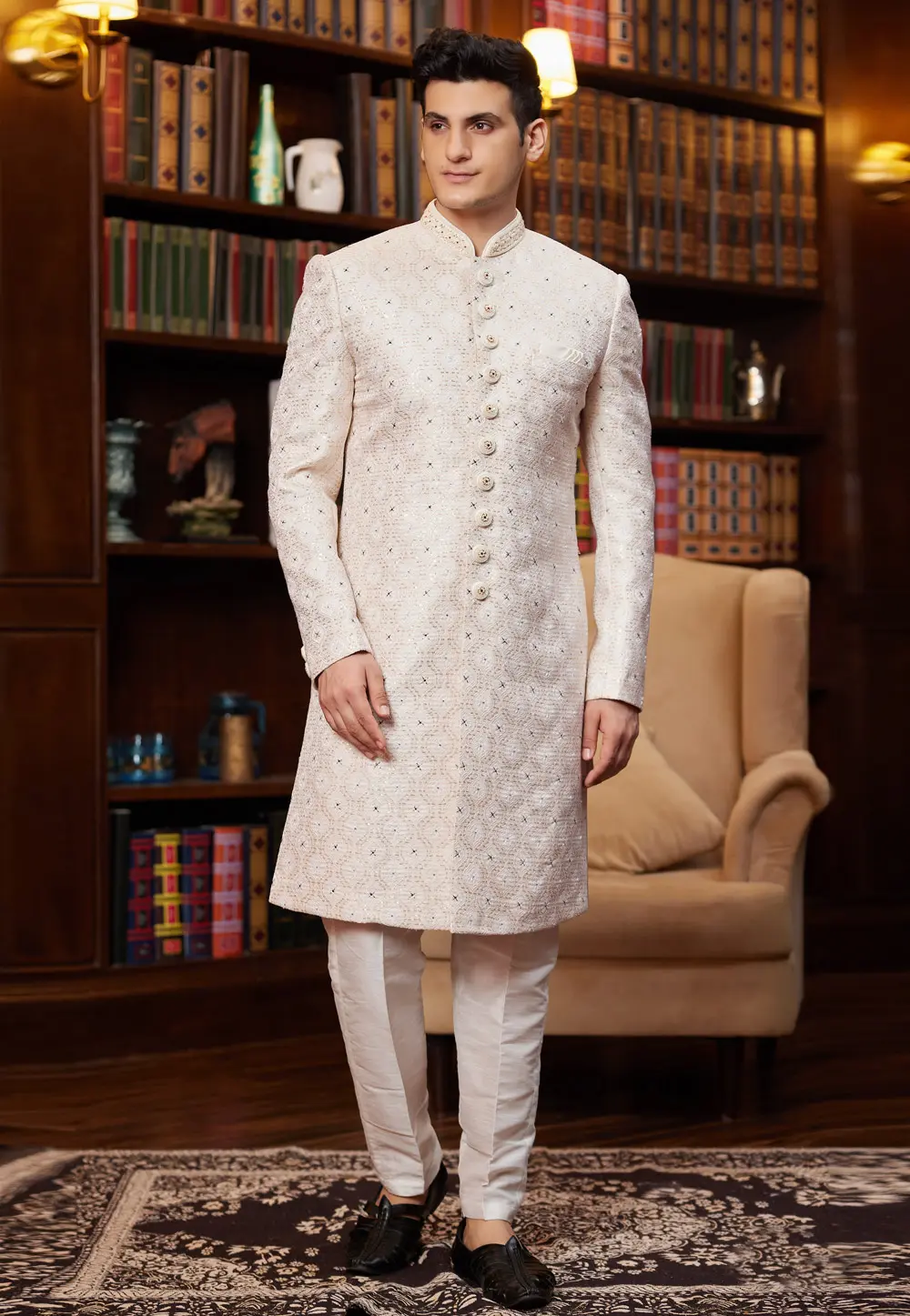 Cream Jacquard Silk Indo Western Sherwani 302219