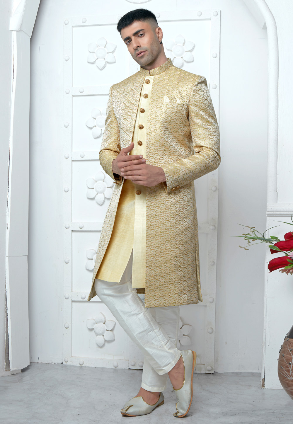 Cream Jacquard Silk Jacket Style Sherwani 280153
