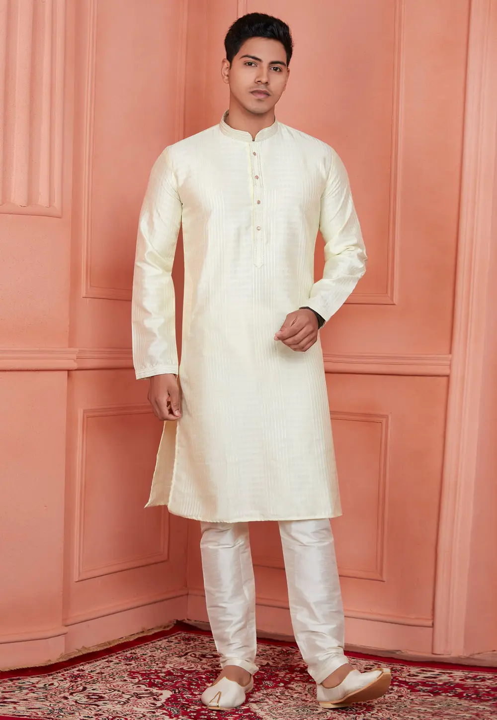 Cream Jacquard Silk Kurta Pajama 304283