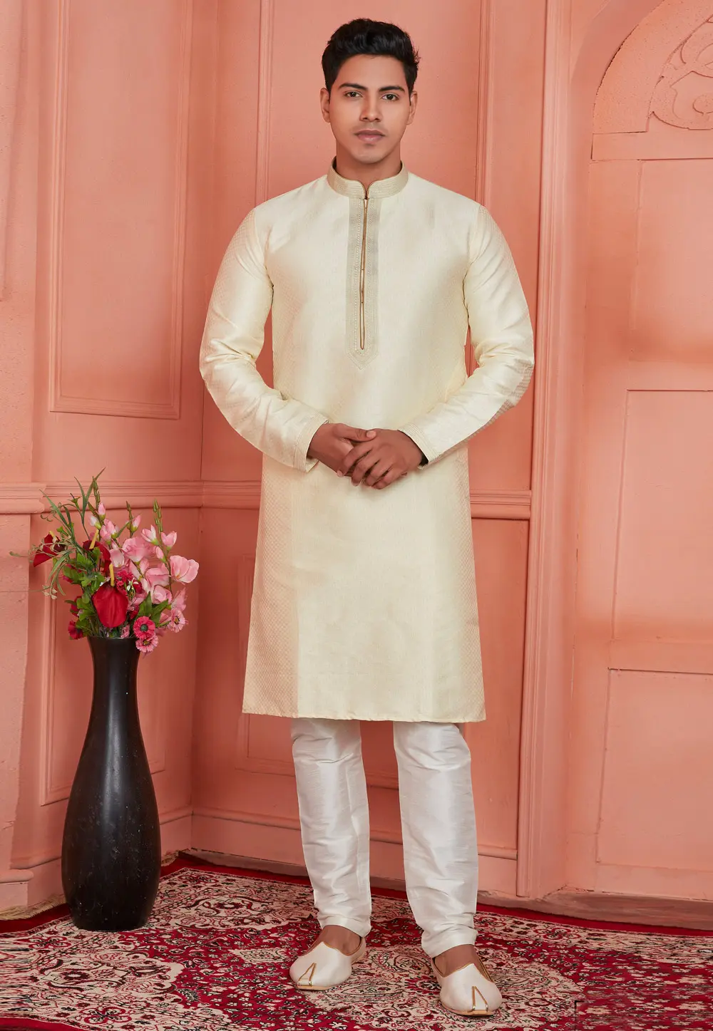 Cream Jacquard Silk Kurta Pajama 304291