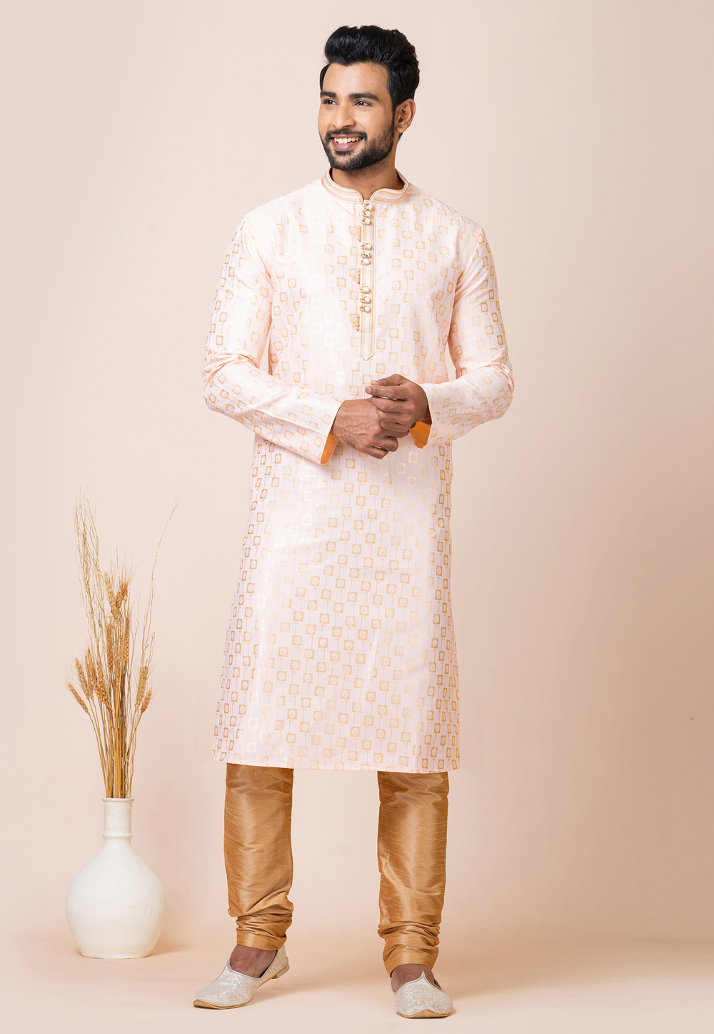 Cream Jacquard Silk Kurta Pajama 286256