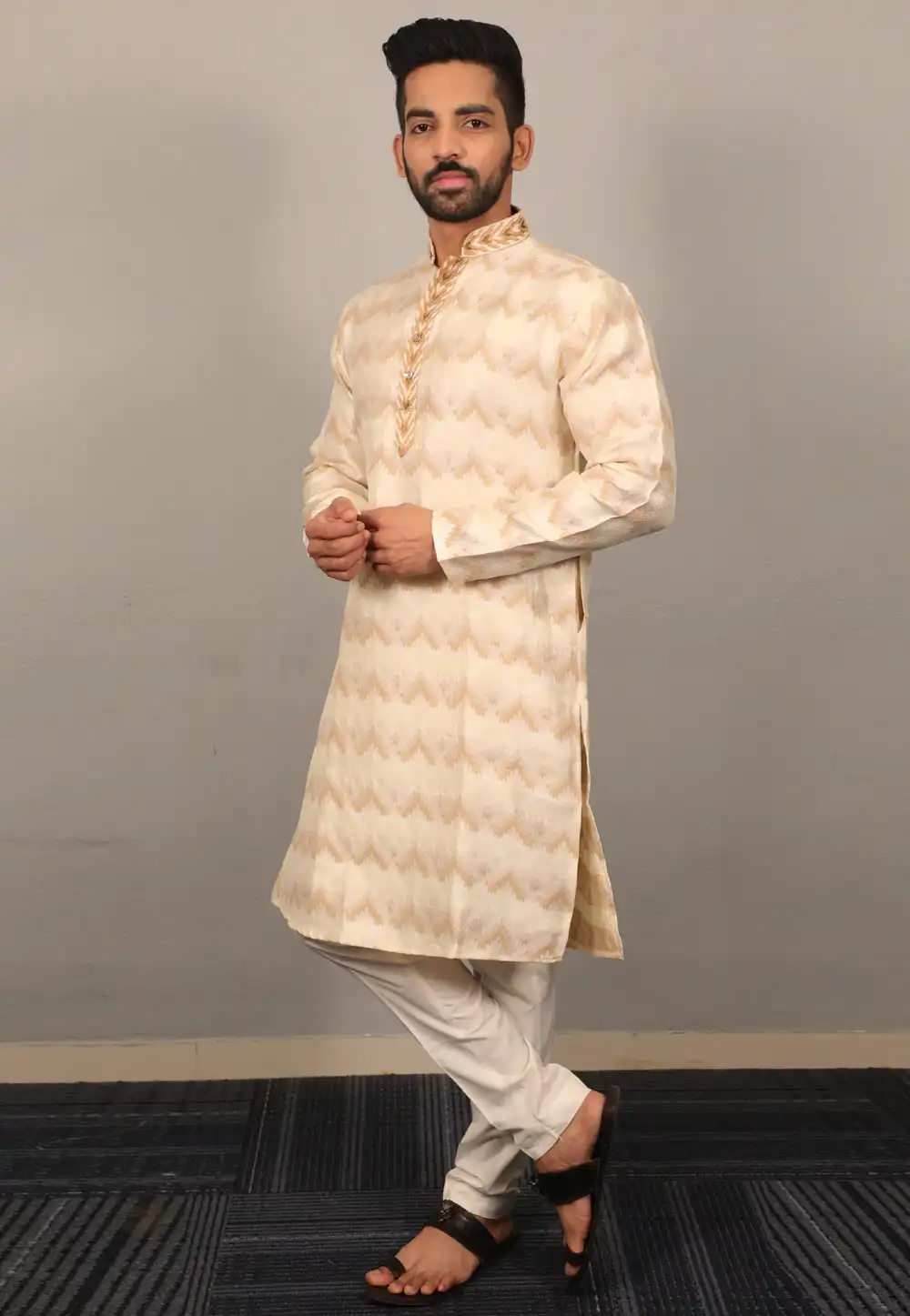 Cream Jacquard Silk Kurta Pajama 293808