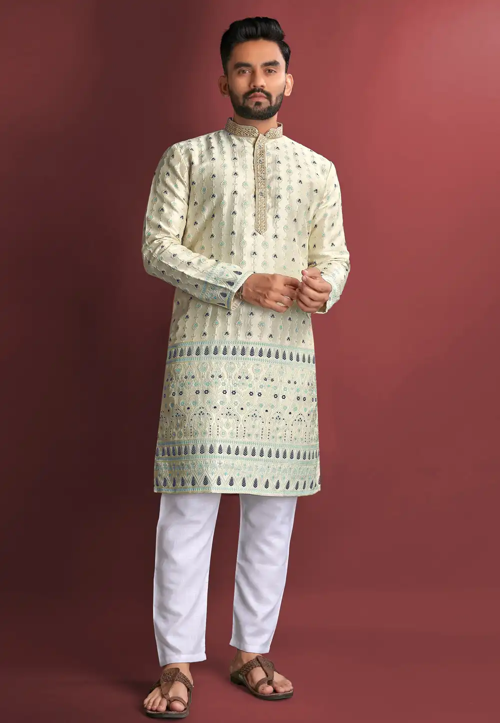 Cream Jacquard Silk Kurta Pajama 293766