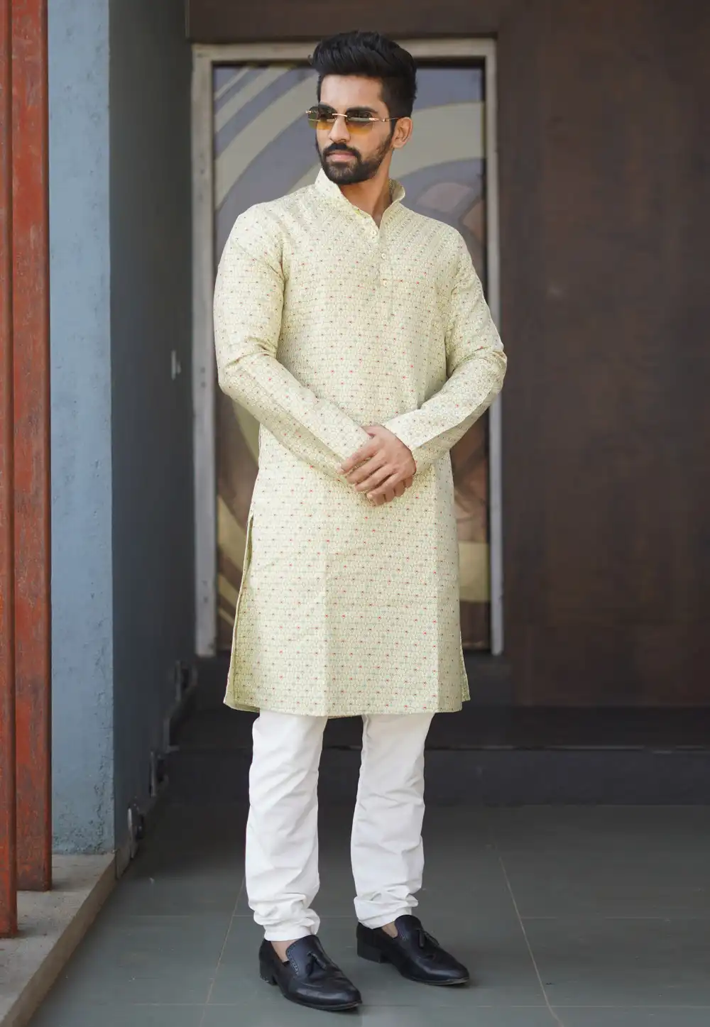 Cream Jacquard Silk Kurta Pajama 293812