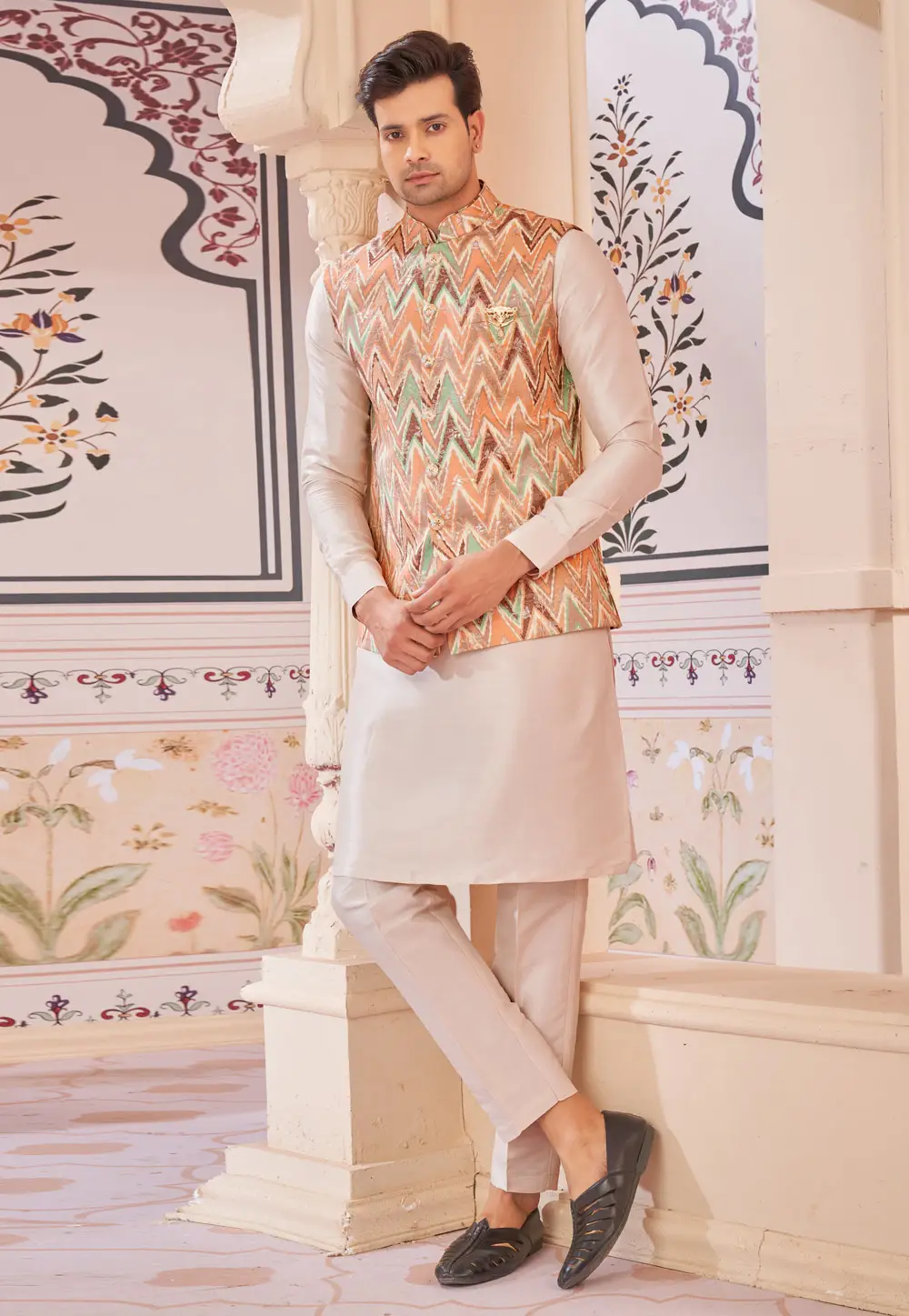 Cream Jacquard Silk Kurta Pajama With Jacket 296676