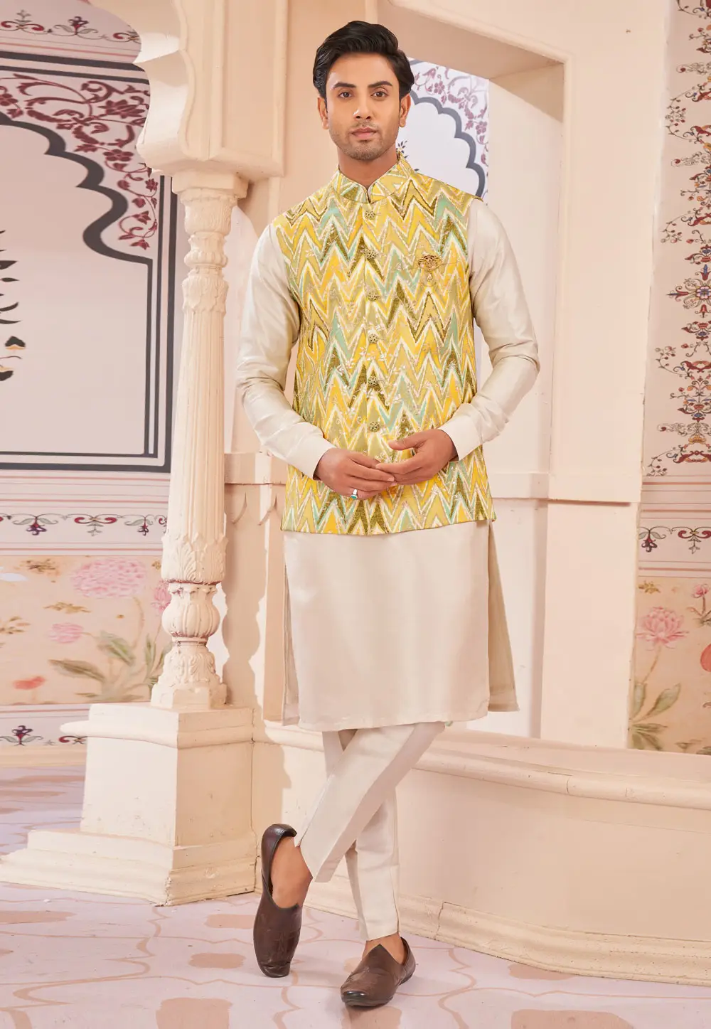 Cream Jacquard Silk Kurta Pajama With Jacket 296677