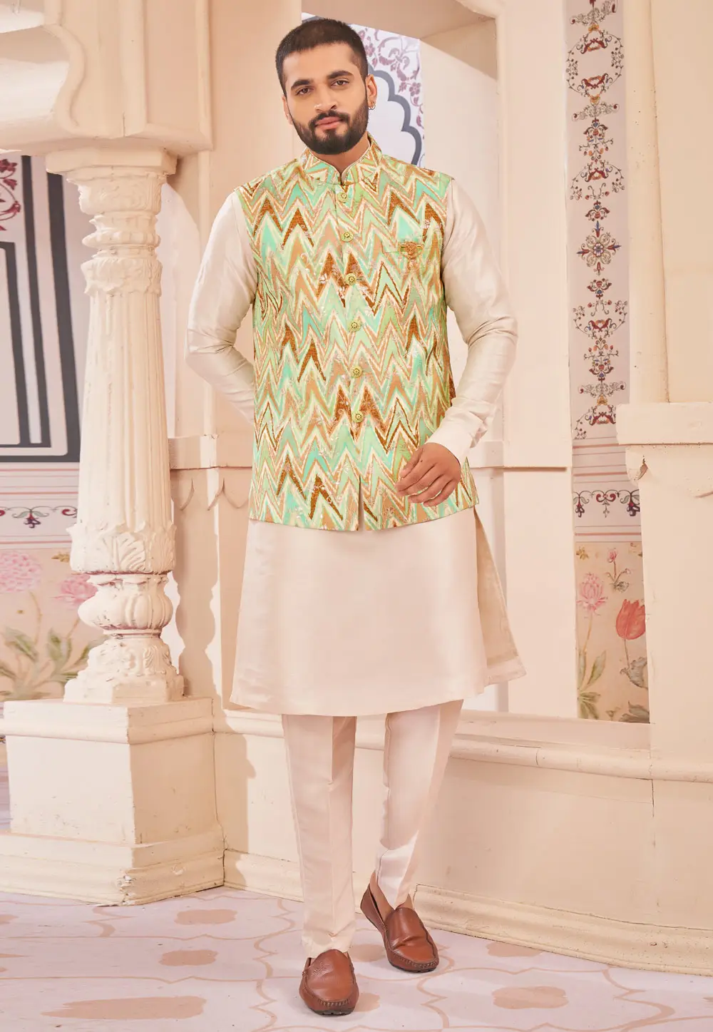 Cream Jacquard Silk Kurta Pajama With Jacket 296678