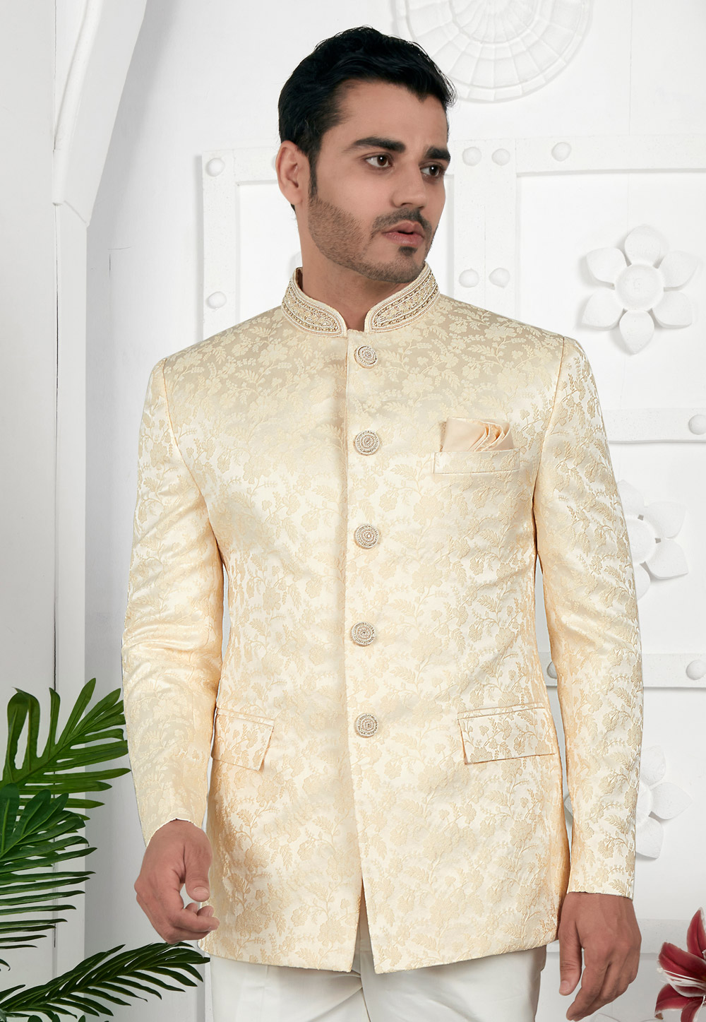 Cream Jacquard Silk Nehru Jacket 280372