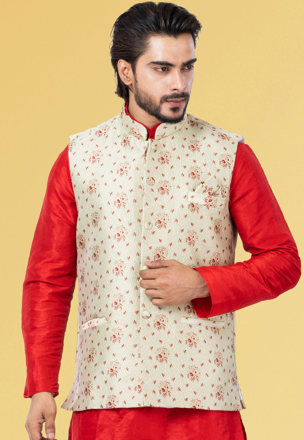 Cream Jacquard Silk Nehru Jacket 286939