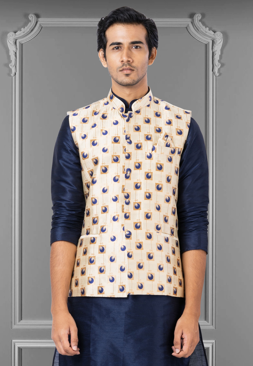 Cream Jacquard Silk Nehru Jacket 286963