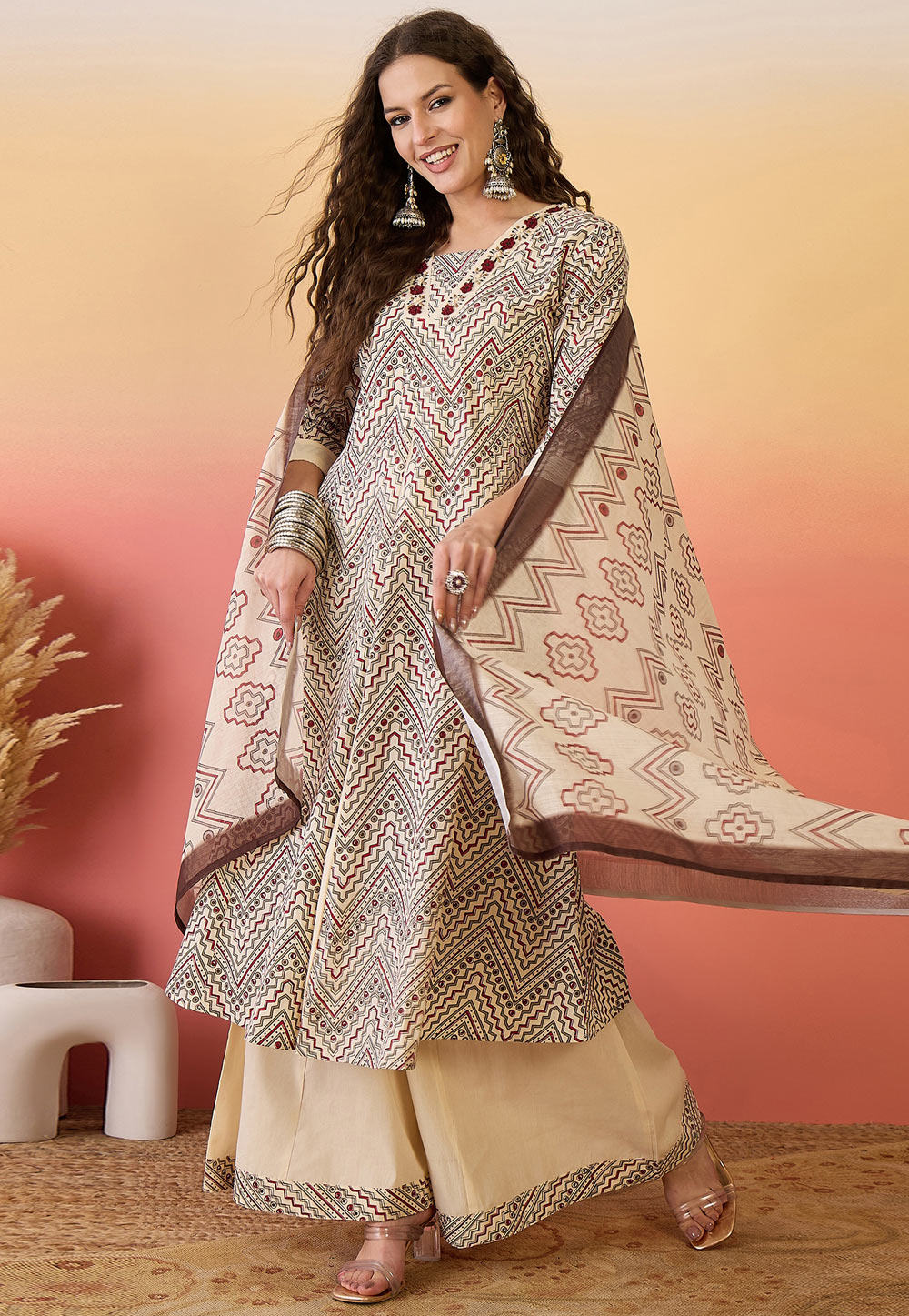 Cream Khadi Readymade Palazzo Suit 309170