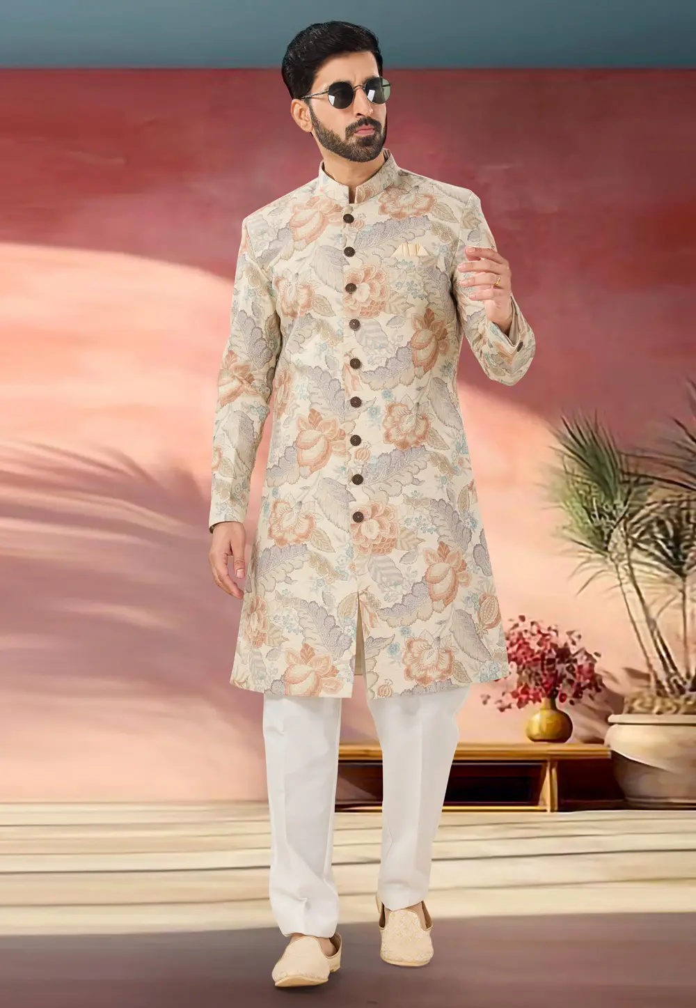 Cream Linen Indo Western Sherwani 301880