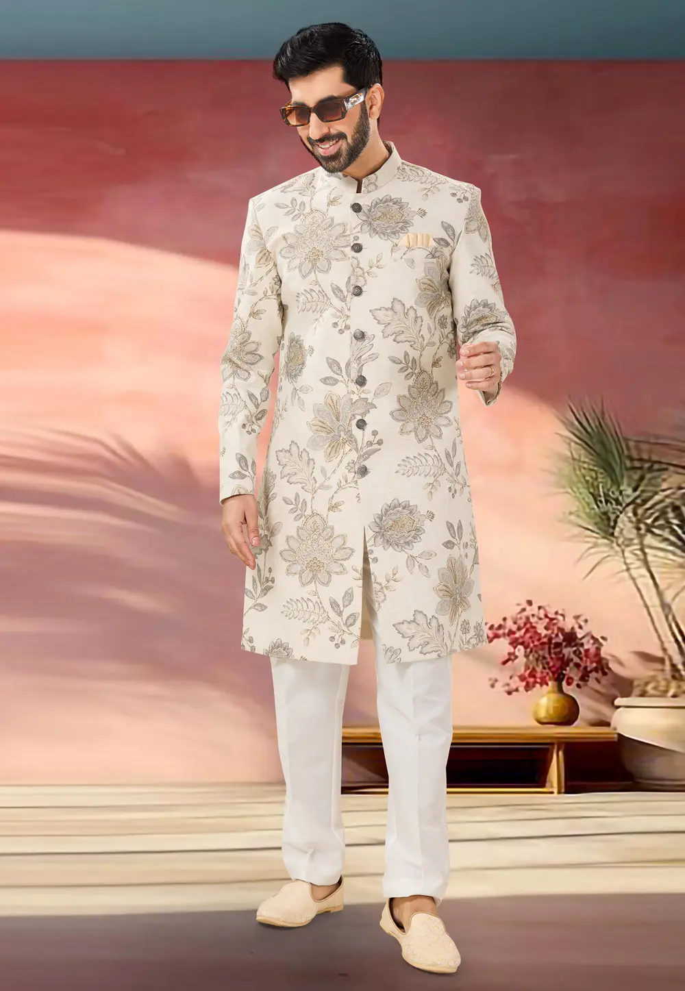 Cream Linen Indo Western Sherwani 301881