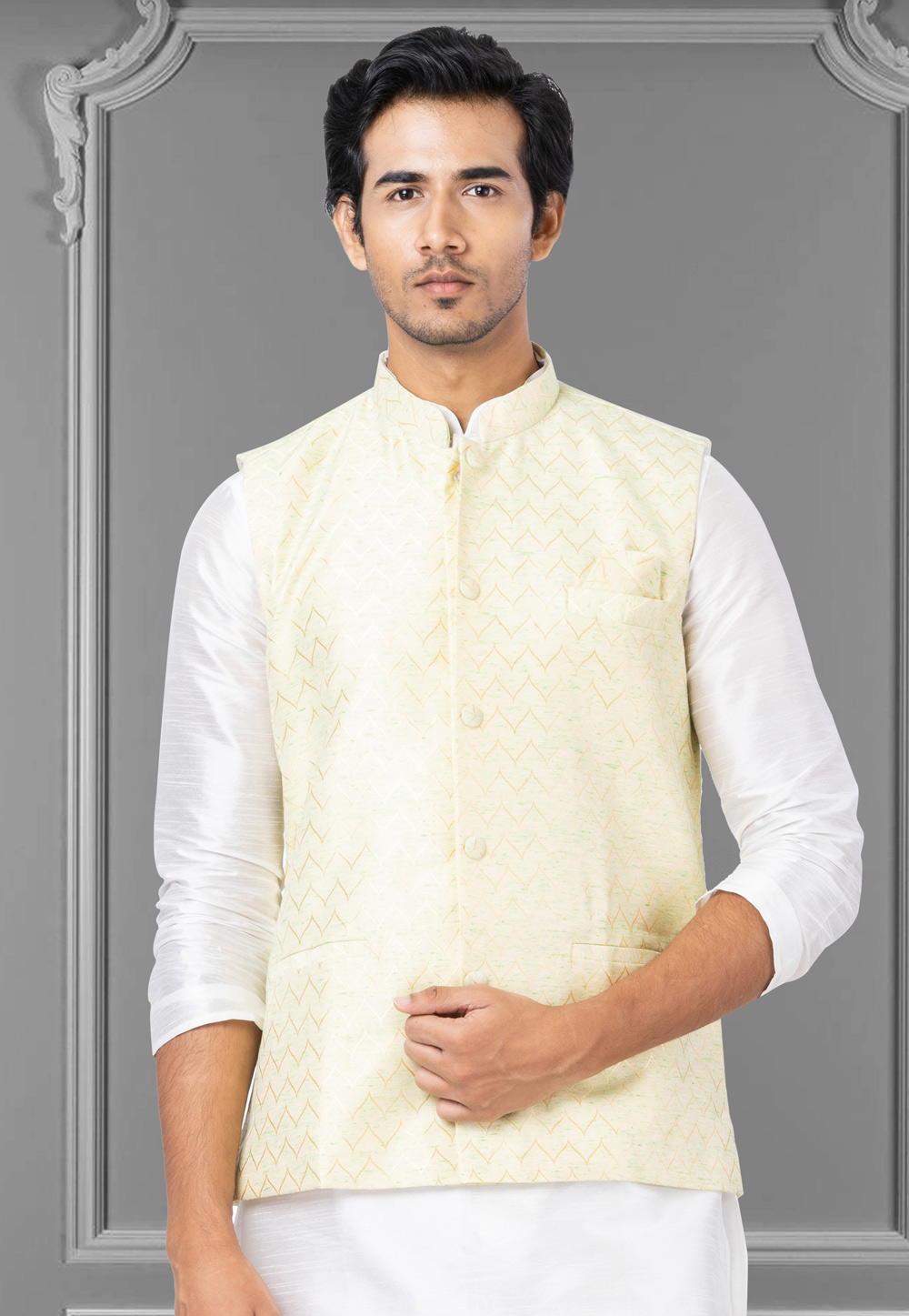 Cream Linen Nehru Jacket 286962