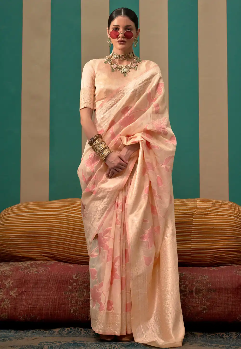 Cream Linen Saree With Blouse 290873