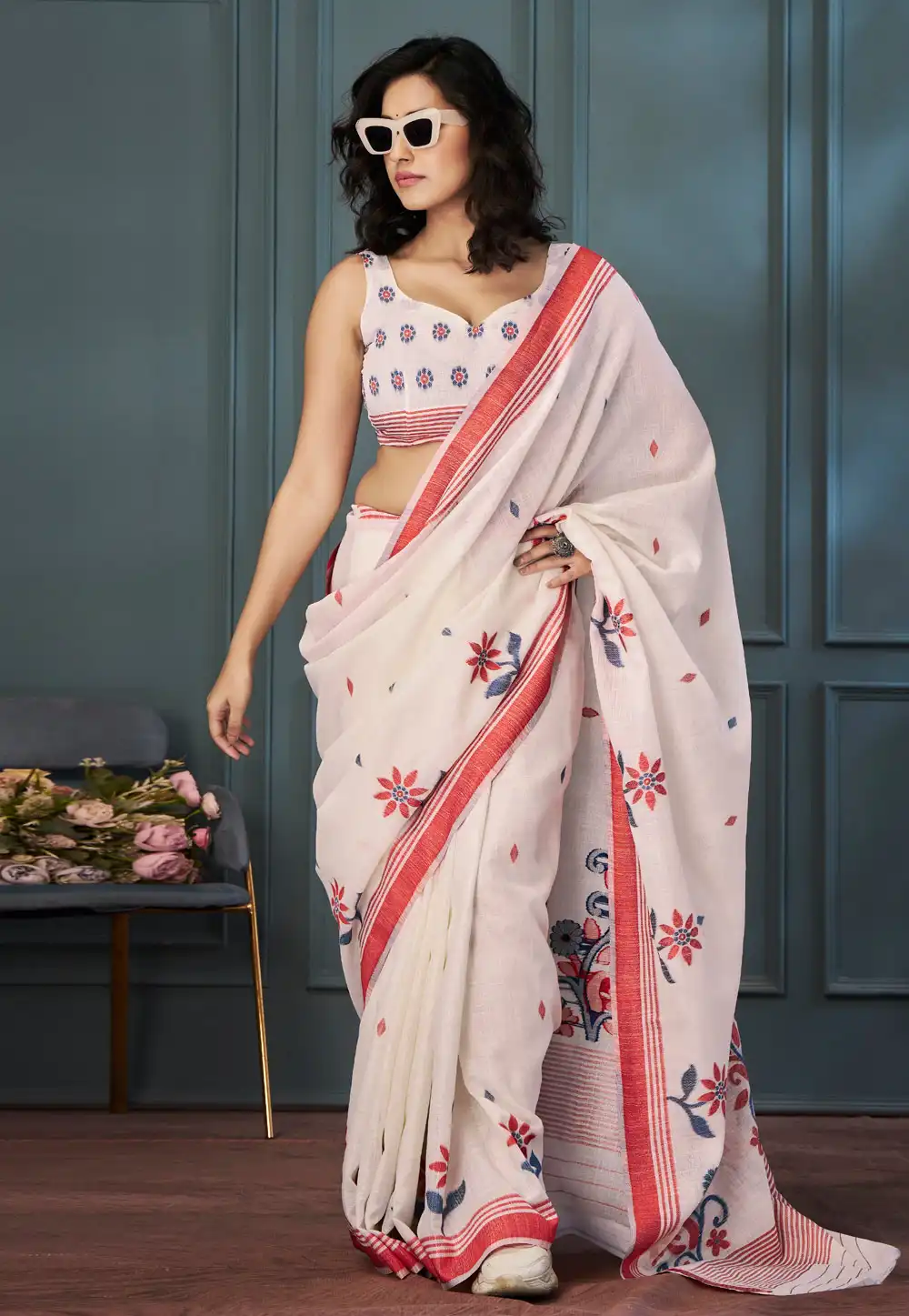 Cream Linen Saree With Blouse 292823