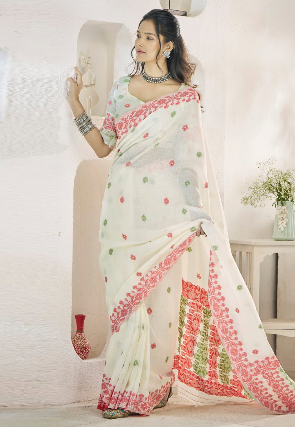 Cream Linen Saree With Blouse 305800