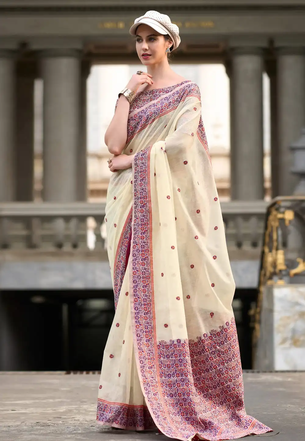 Cream Linen Saree With Blouse 292713