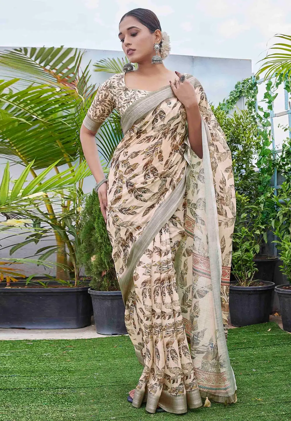 Cream Linen Saree With Blouse 296055