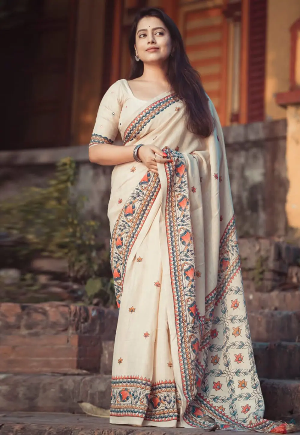 Cream Linen Saree With Blouse 303148