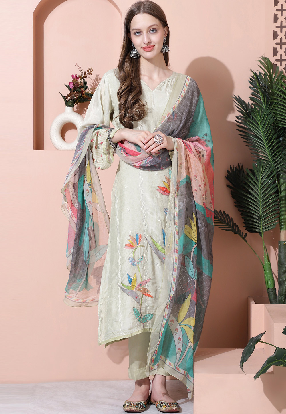 Cream Muslin Pant Style Suit 310066