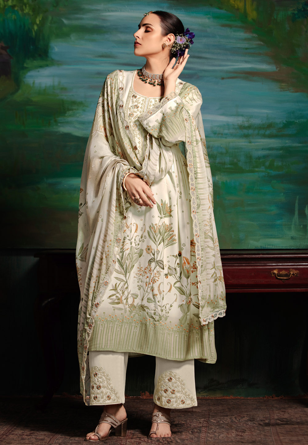 Cream Muslin Pant Style Suit 305083