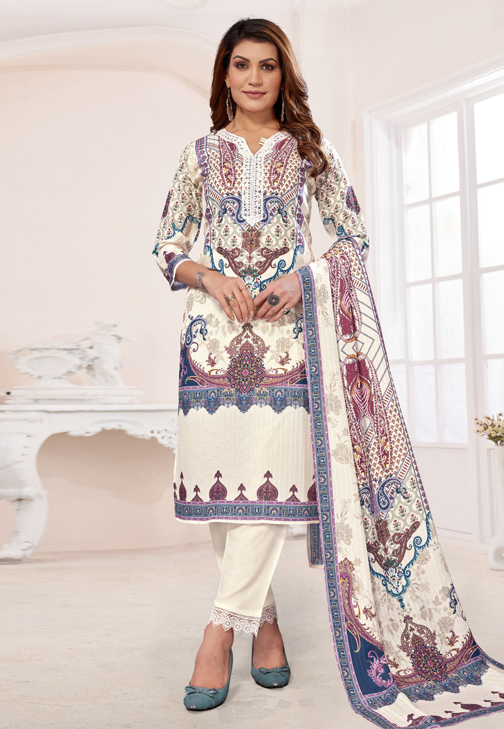 Cream Muslin Readymade Pakistani Suit 281286
