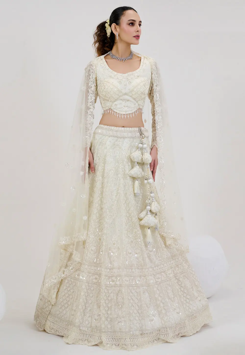 Cream Net Circular Lehenga Choli 298214