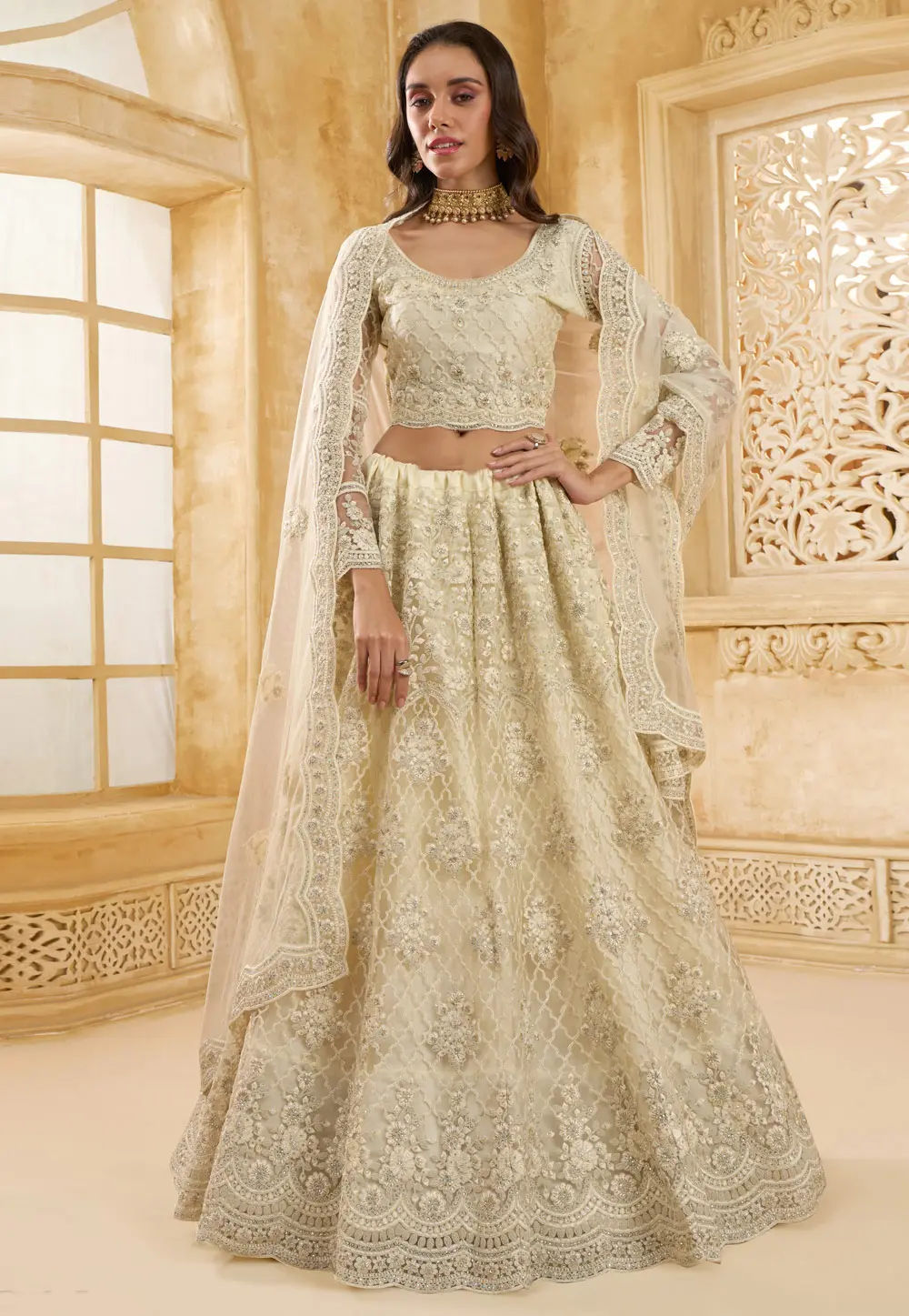 Cream Net Circular Lehenga Choli 298544