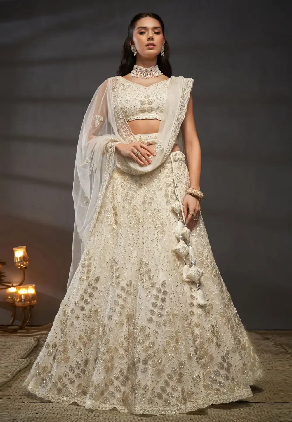 Cream Net Circular Lehenga Choli 291187