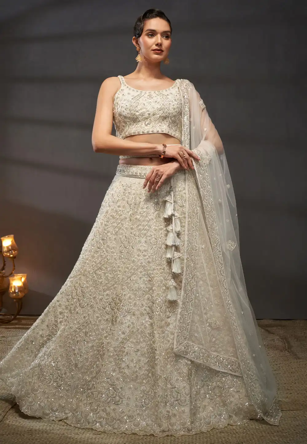 Cream Net Circular Lehenga Choli 291191