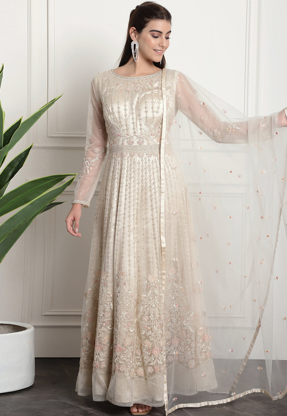 Cream Net Embroidered Long Anarkali Suit 310729