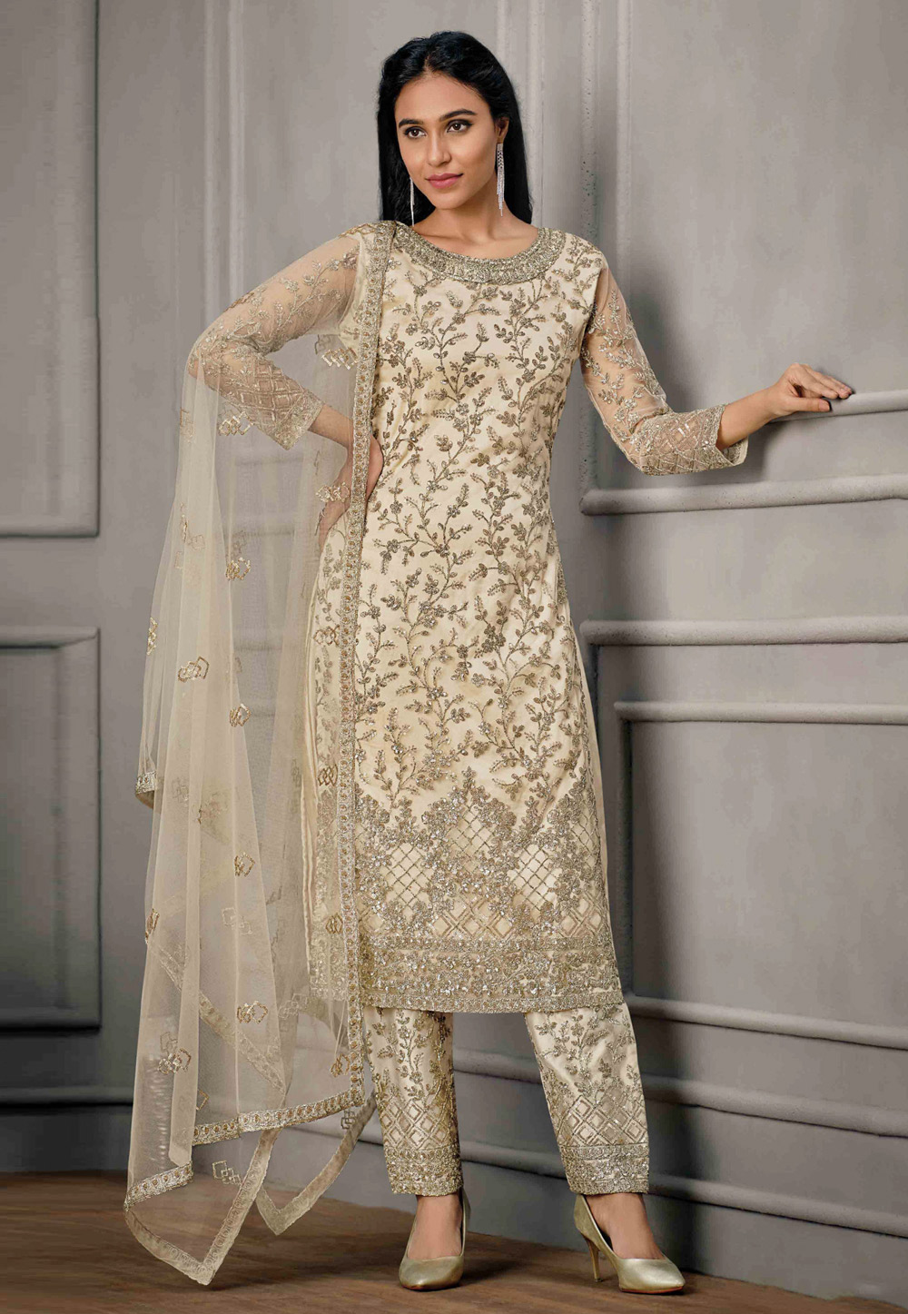 Cream Net Embroidered Pant Style Suit 279184