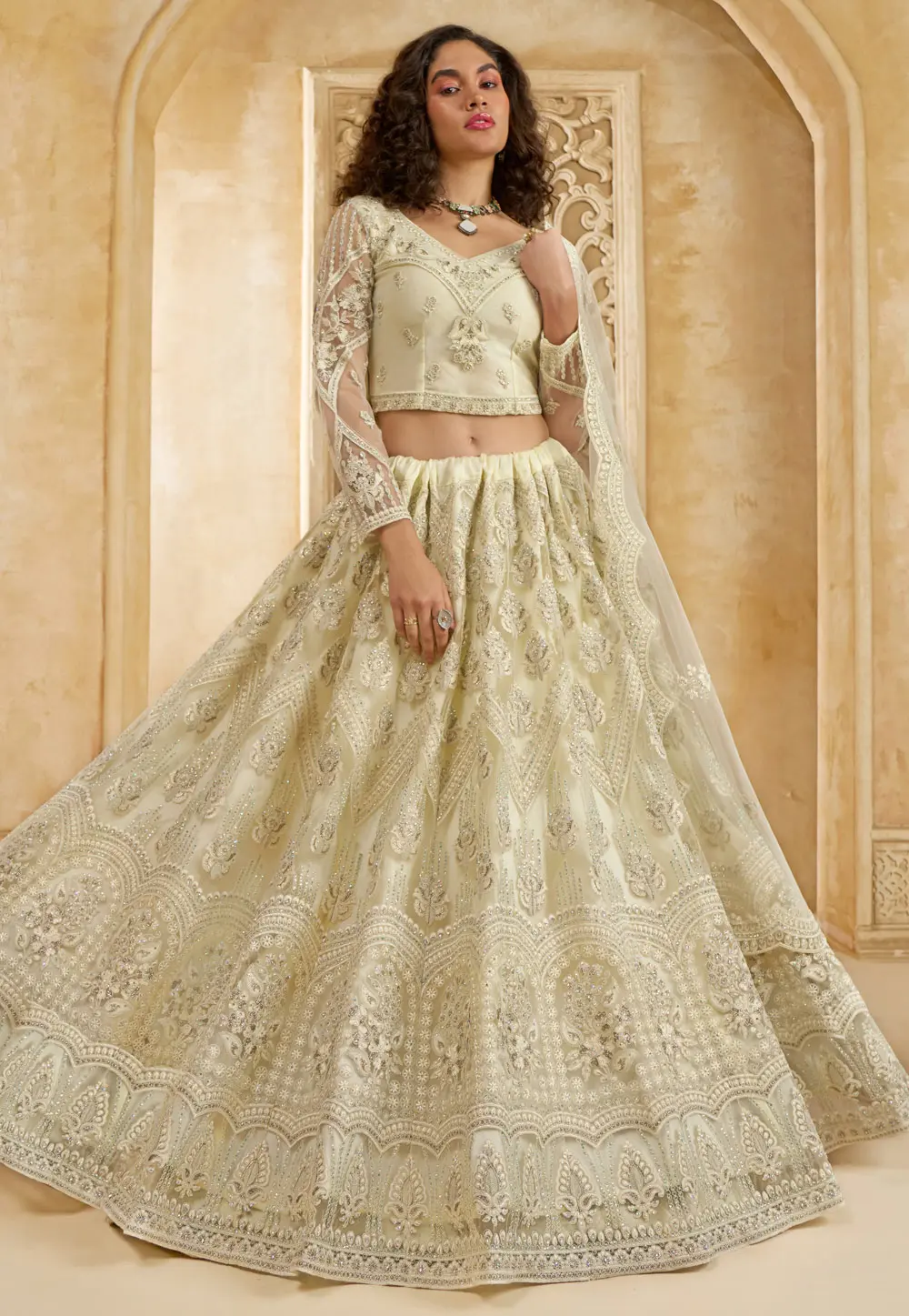 Cream Net Lehenga Choli 298548