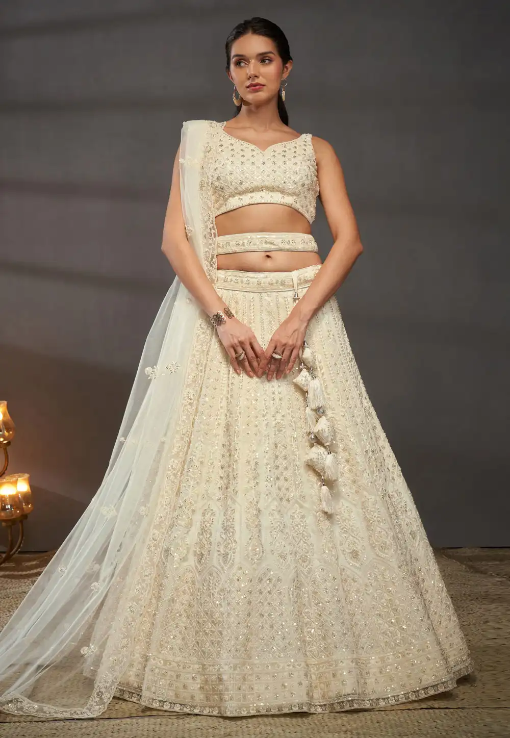 Cream Net Lehenga Choli 291207
