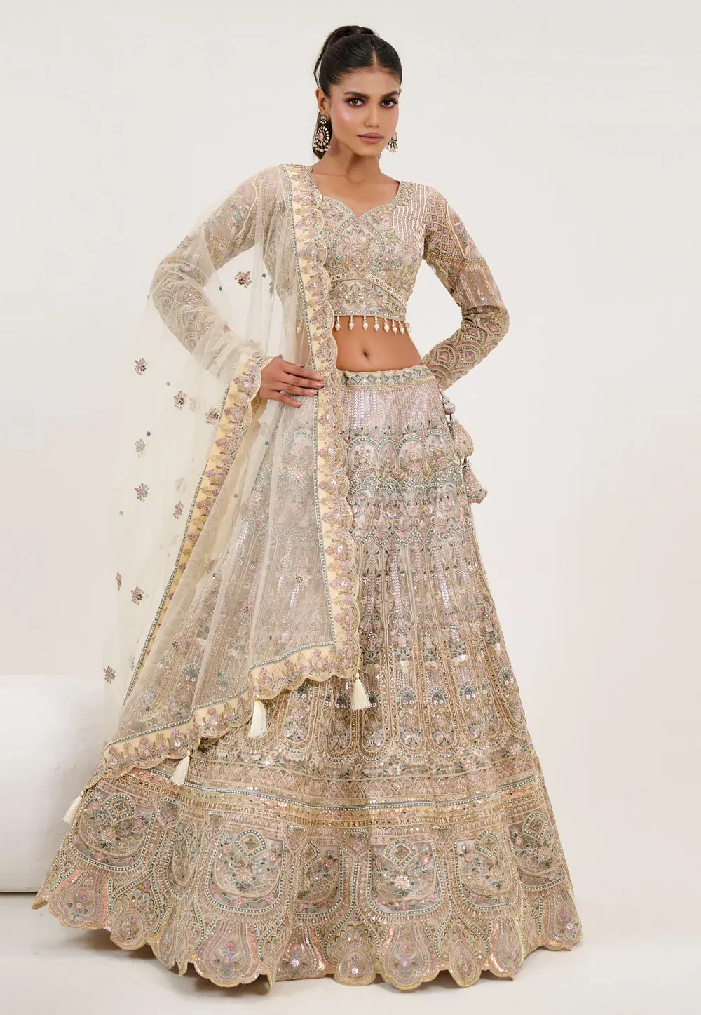 Cream Net Lehenga Choli For Wedding 298211