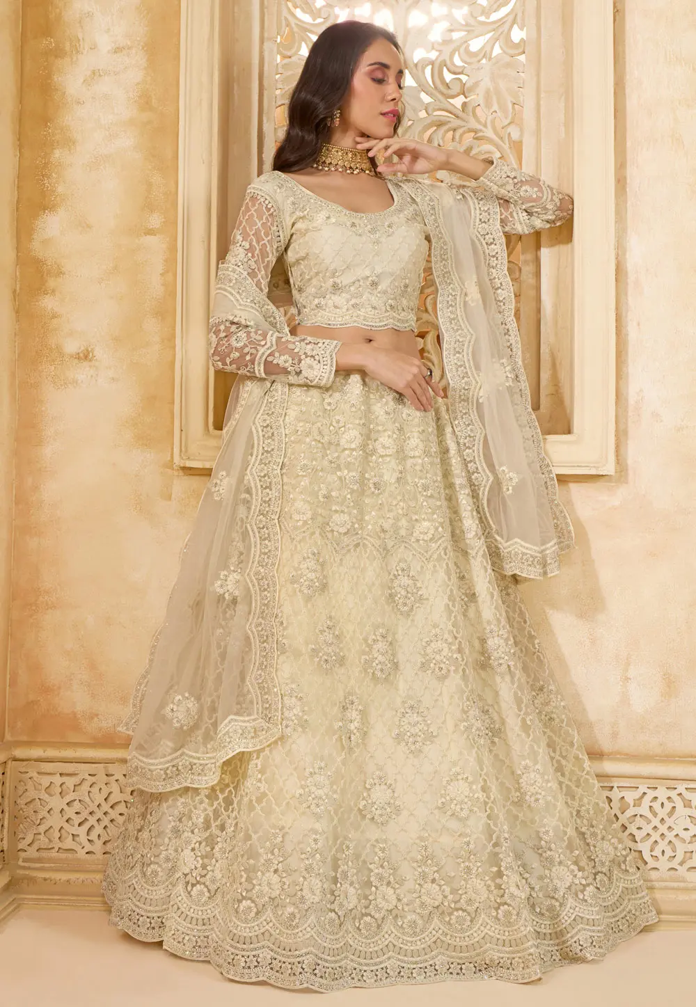 Cream Net Lehenga Choli For Wedding 298542