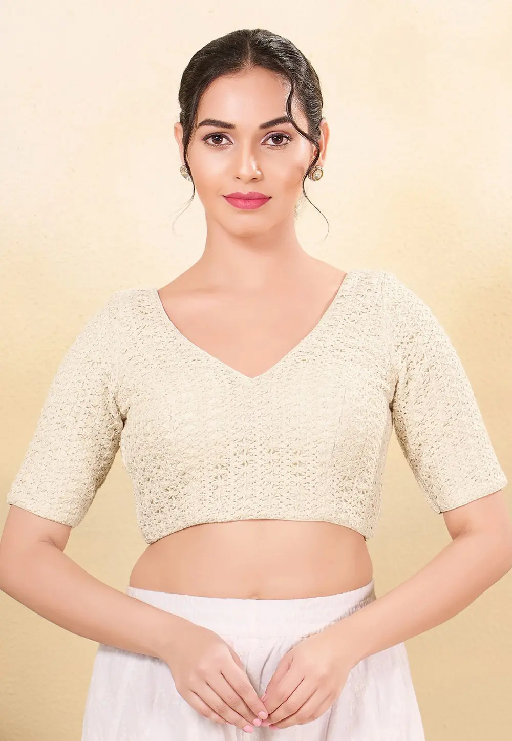 Cream Net Readymade Blouse 298115